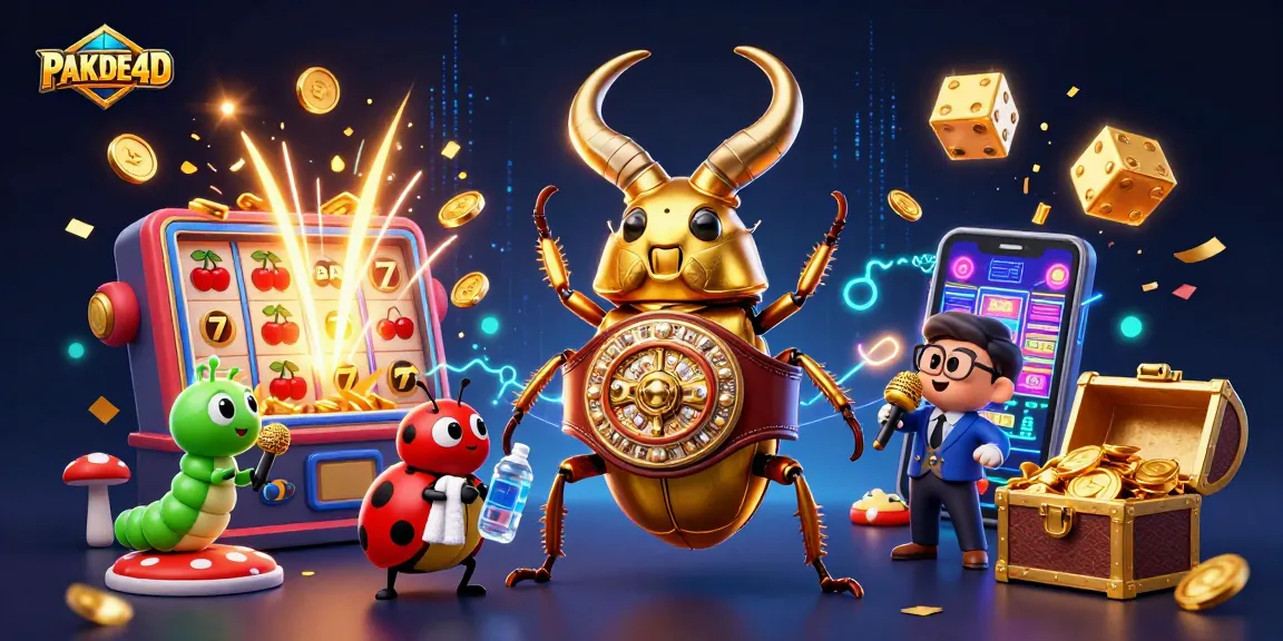 PAKDE4D menampilkan karakter kartun 3D dalam ilustrasi kasino yang hidup dengan slot jackpot dan efek koin.