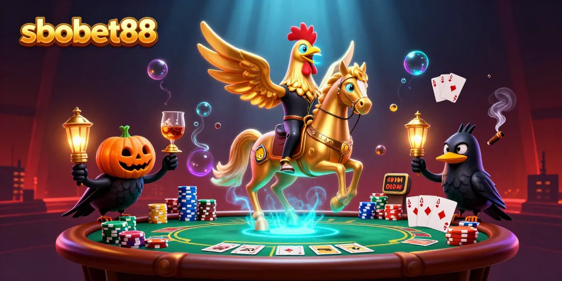 Experience thrilling sbobet88 casino action with a golden rooster and spectral horse.