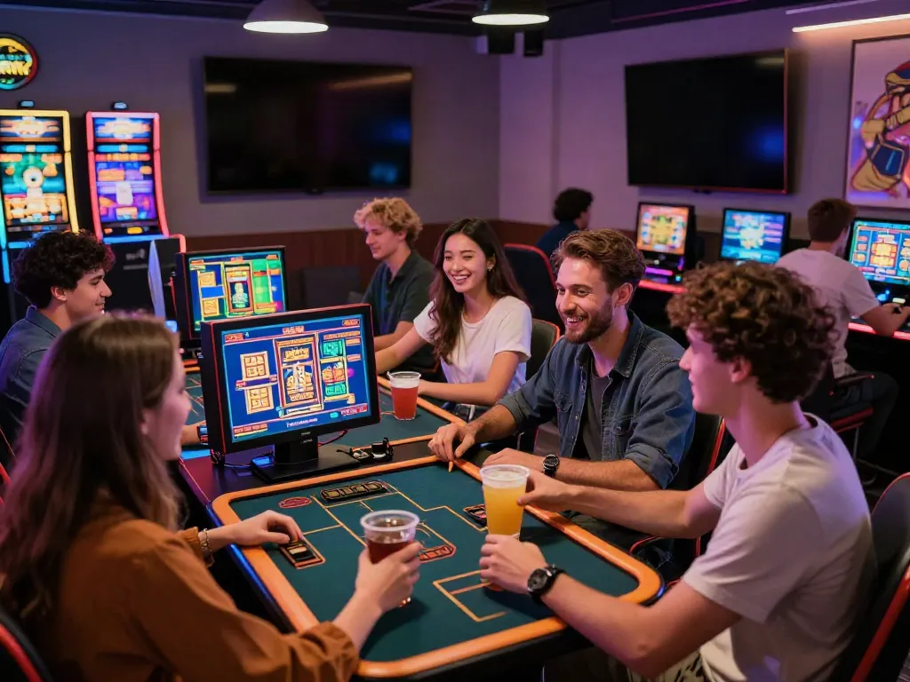 Friends enjoying akunjp gaming night in a vibrant lounge with LED lights.