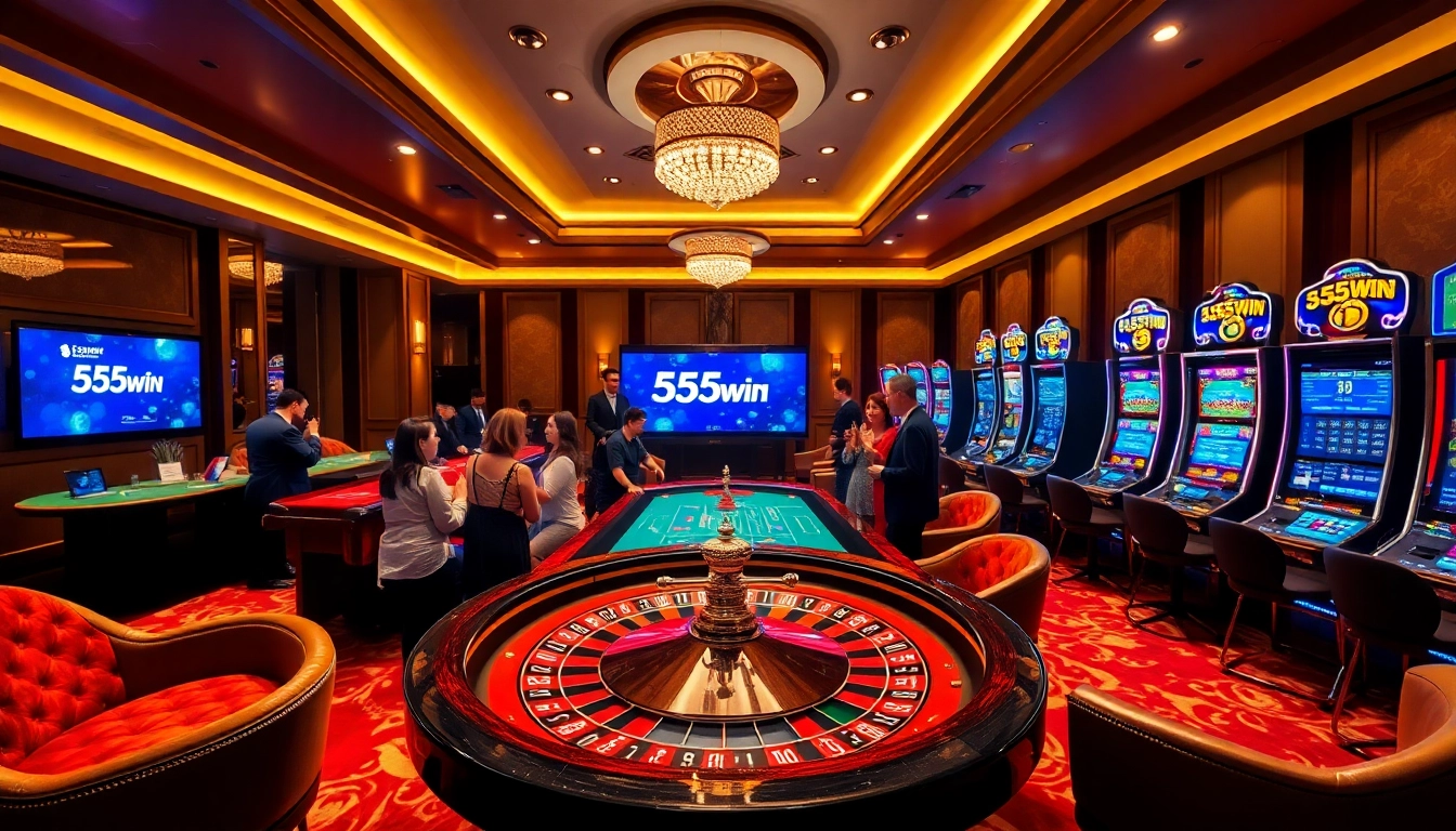 Exciting casino atmosphere featuring 555win logo at roulette table, blackjack, and slot machines.