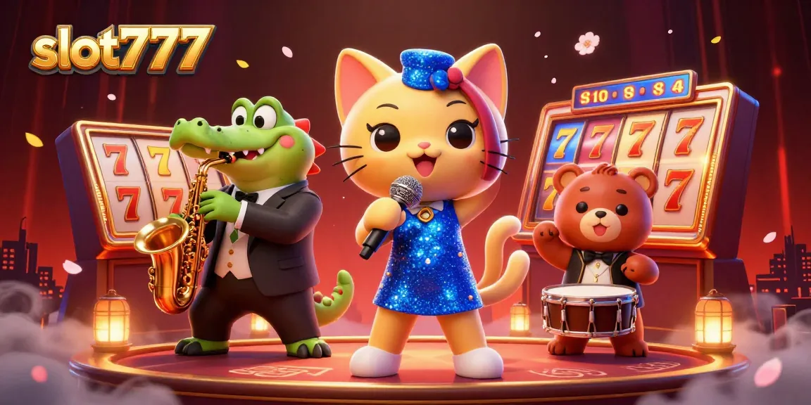 Play slot777 with a lively 3D casino scene featuring jazz-singer cat and vibrant game elements.