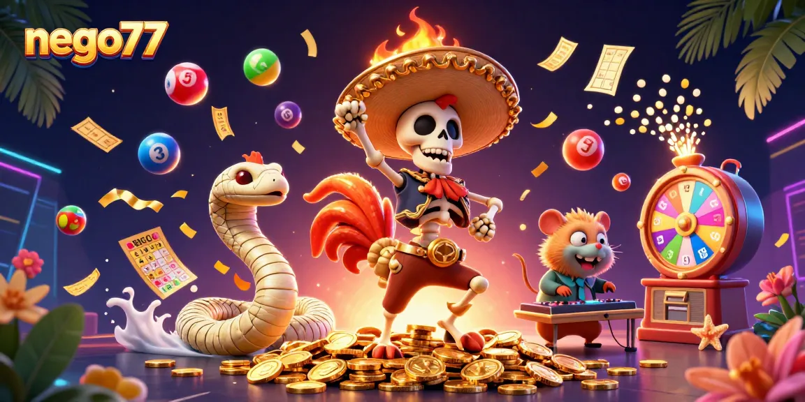 Nego77 entices players with vibrant jackpots, featuring energetic characters amidst dynamic gambling elements.