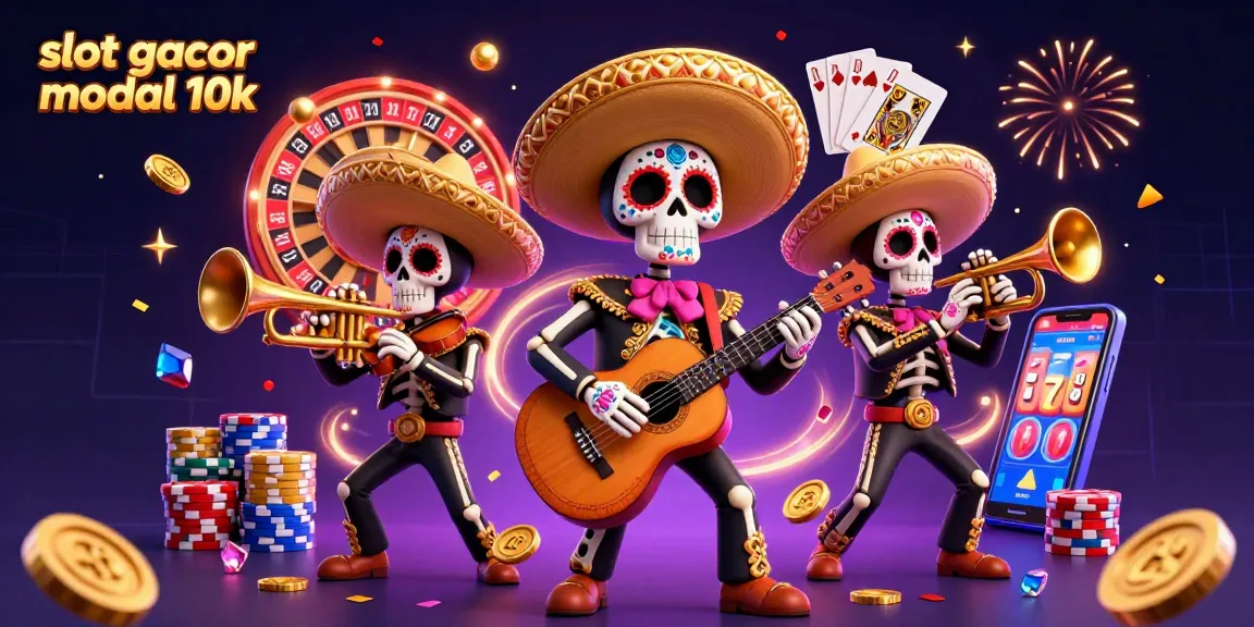 Experience thrilling moments with "slot gacor modal 10k" featuring a vibrant mariachi band surrounded by casino elements.