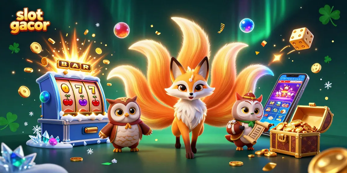 Slot gacor dengan mesin slot meledak jackpot, ditampilkan bersama makhluk mistis dan orbs berwarna.