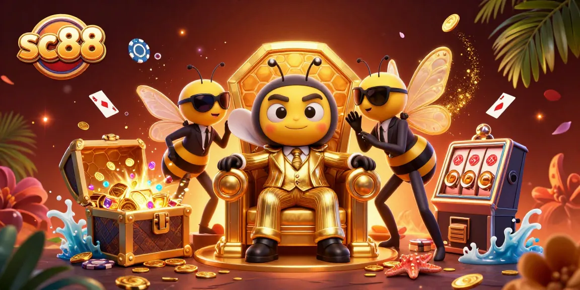 sc88 slot-themed illustration featuring a bee boss, bodyguards, and party elements.