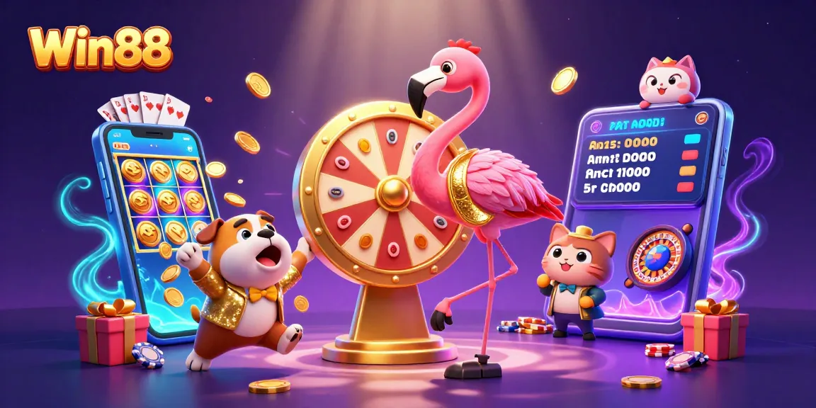Win88 game show scene with rewarding games, featuring flamingo host, bulldog contestant, and exciting prizes.