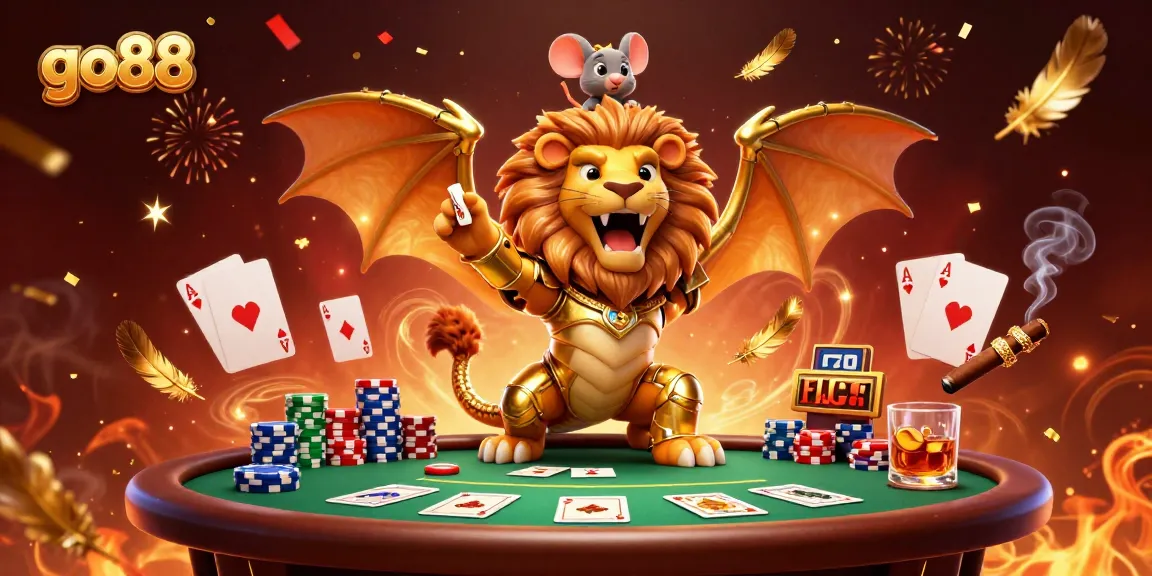 Experience the thrill of go88 with a vibrant 3D illustration of a chimera creature, poker chips, and festive elements.