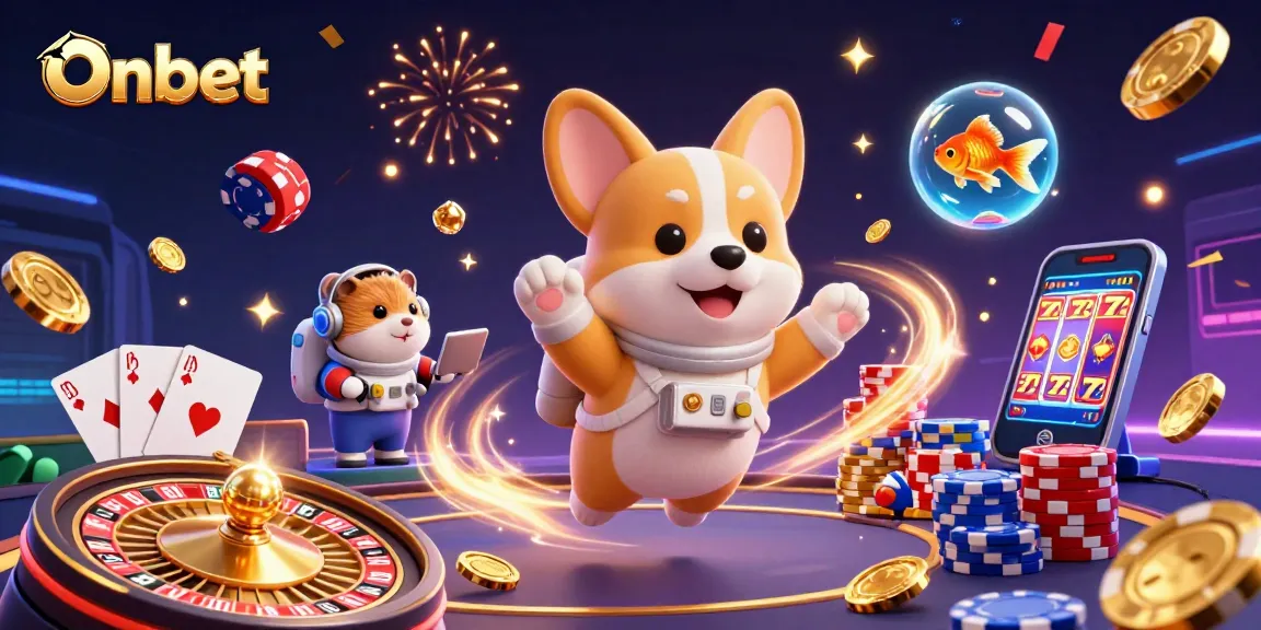 Experience the thrilling gameplay at Onbet with astronauts, poker chips, and exciting casino elements.