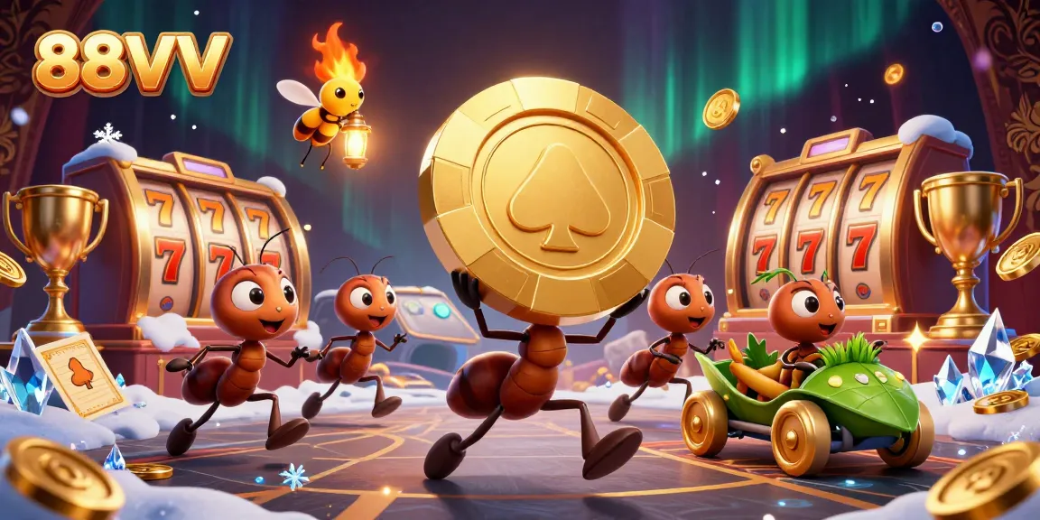 Experience 88VV's exciting adventure as cartoon ants steal a massive poker chip in a vibrant casino world.