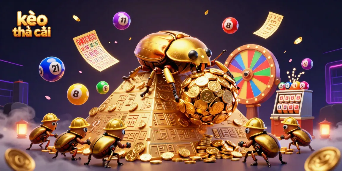 Kèo nhà cái shines as golden beetles roll coins, amidst a colorful, dynamic casino scene