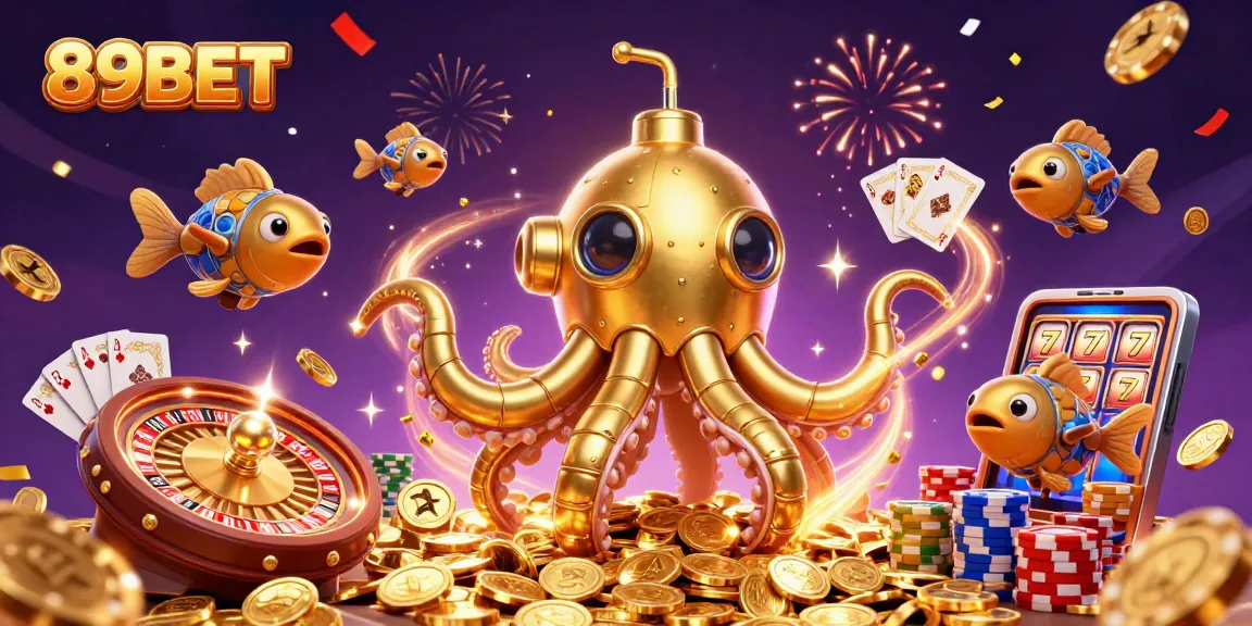 Win big with 89BET in a vibrant casino scene featuring a kraken and treasure!