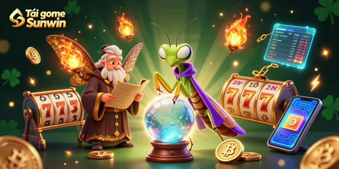 Tải game Sunwin and win with expert strategies in a vibrant casino scene, featuring mystical characters and neon elements.