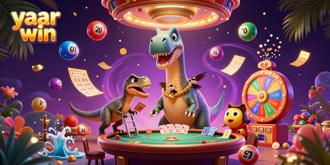Experience thrills at yaar win with vibrant lottery balls and playful characters in a dynamic casino scene.