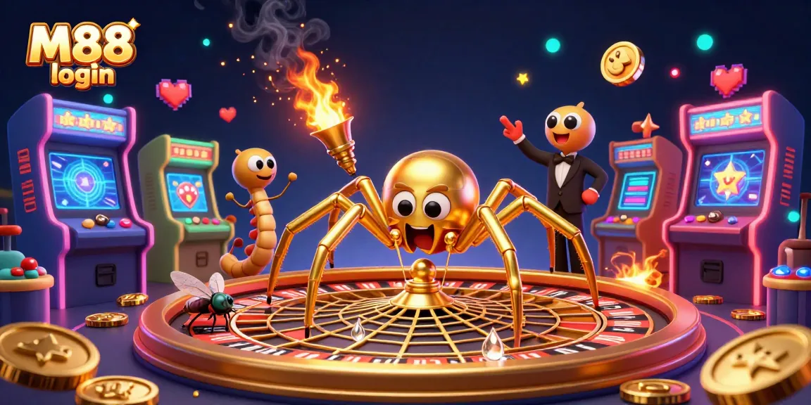 M88 login to a vibrant casino scene featuring a playful spider dealer and dynamic betting atmosphere.