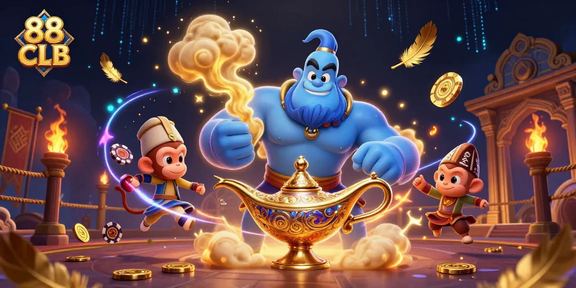 Engage with 88 CLB's vibrant casino atmosphere featuring a magical genie, poker chips, and gleaming rewards.