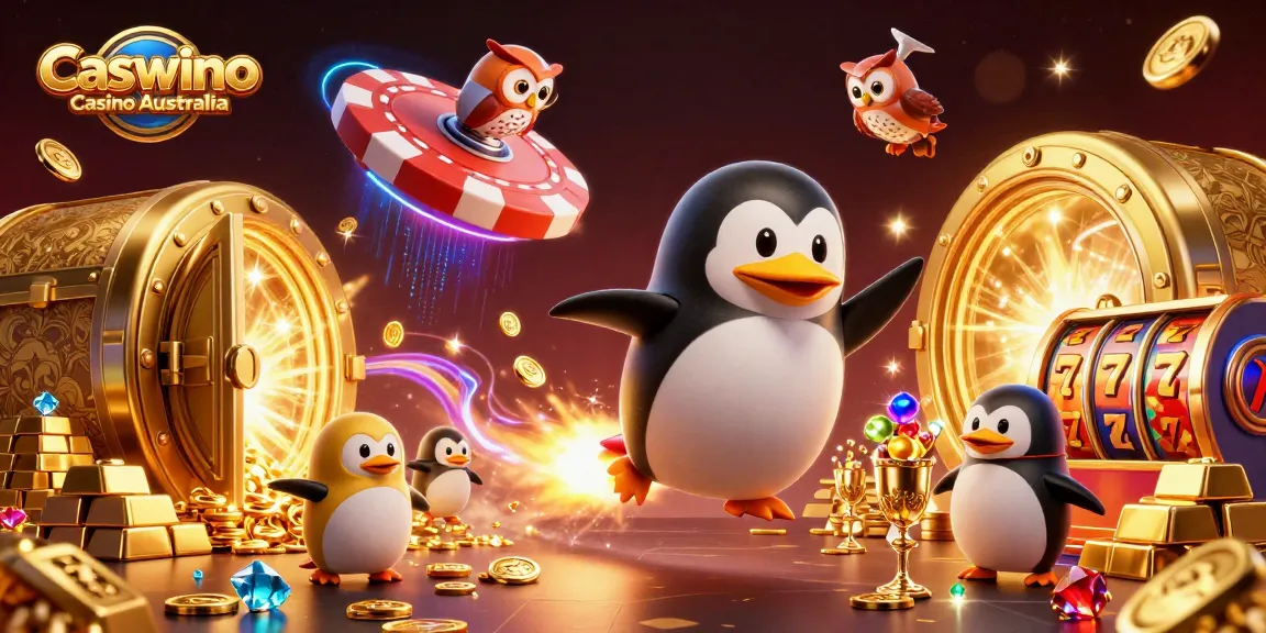 Experience the excitement of Caswino Casino Australia with a dynamic scene of a rocket-powered penguin and treasures.