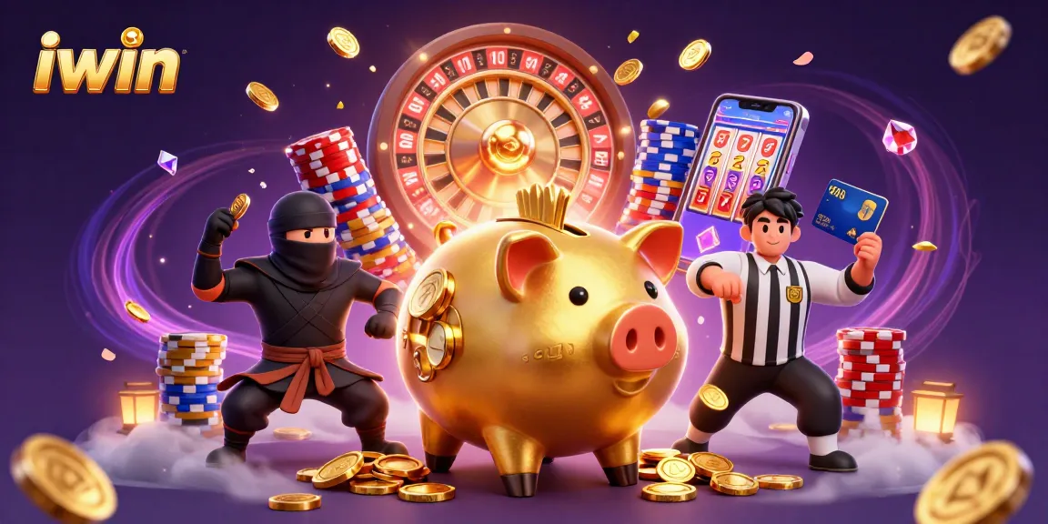 Experience thrilling gameplay with iwin's dynamic casino scene showcasing a golden piggy bank sumo wrestler amidst vibrant riches.