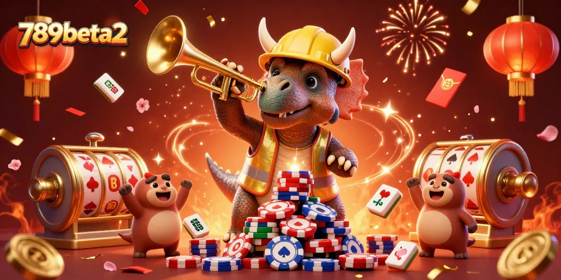 Immerse in the excitement of 789beta2 with cheerful characters building a poker chip pyramid amidst festive casino elements.