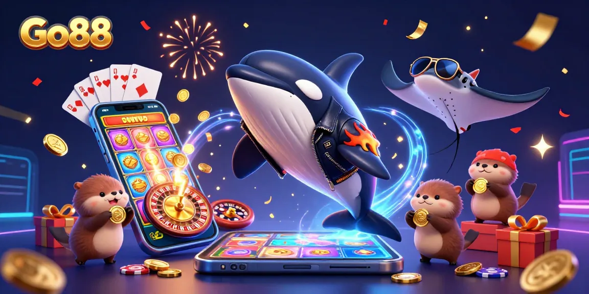 Experience thrilling gameplay at Go88 with animated 3D characters surrounded by dynamic casino elements.