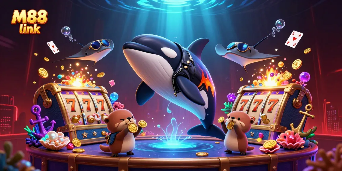 Win big with M88 link in this dynamic casino scene featuring vibrant characters and colorful elements.