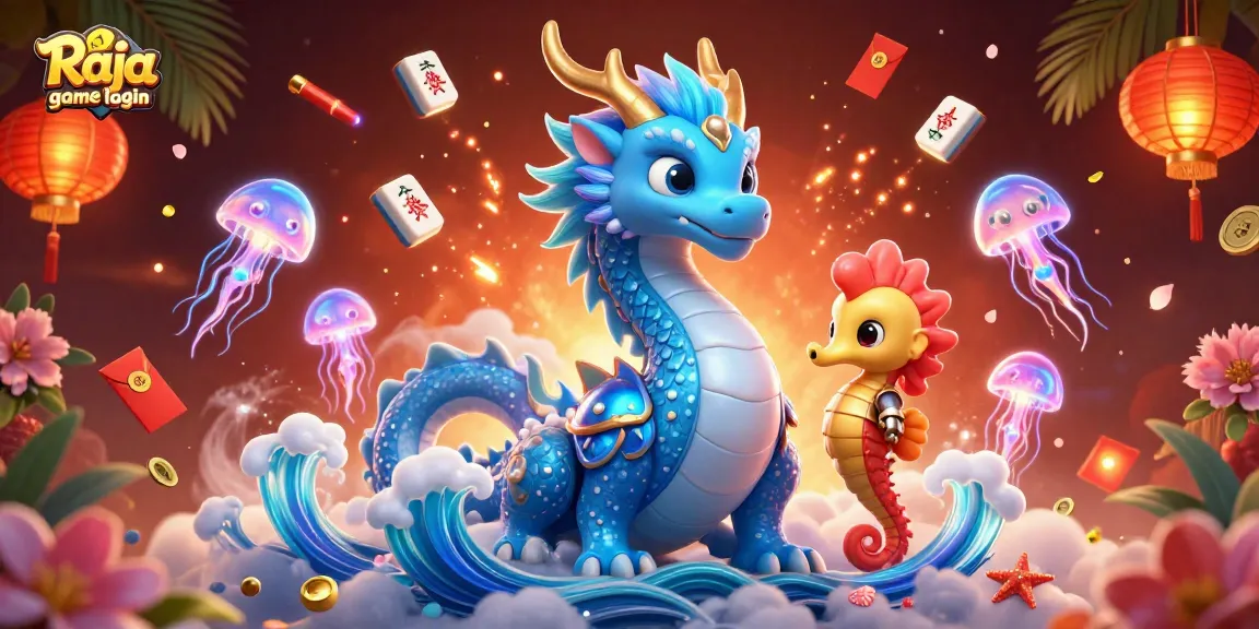 Engaging scene showcasing Raja game login with a vibrant dragon, knight, and jellyfish among casino elements.