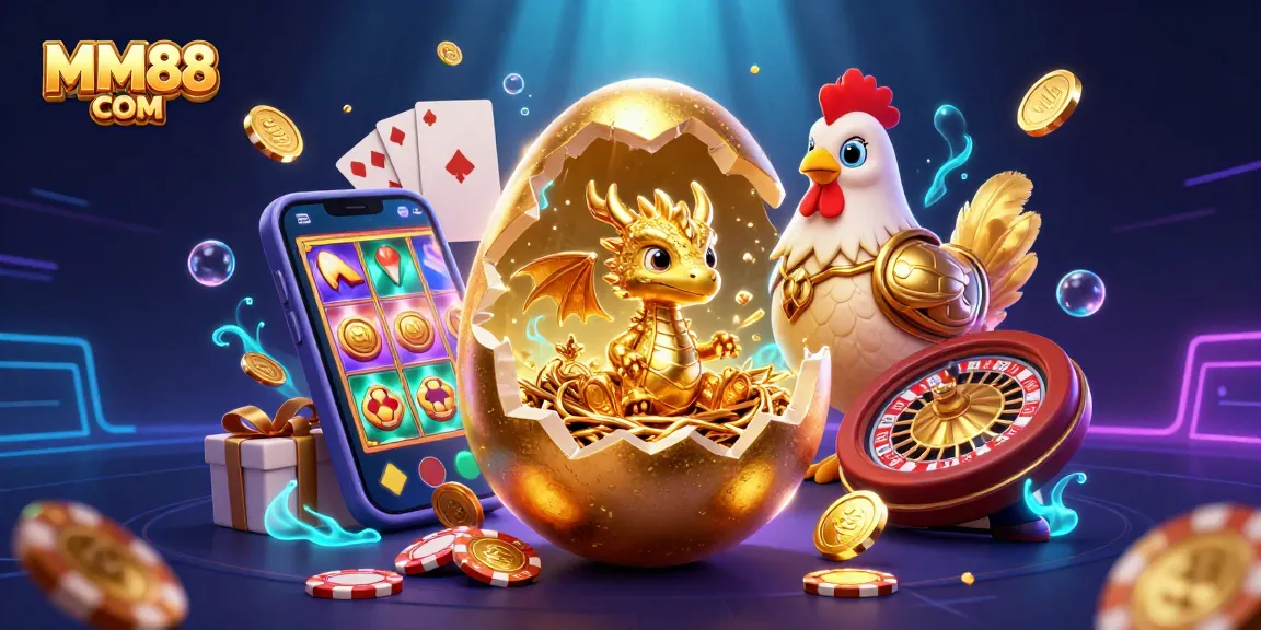 Engage in gaming excitement with MM88 COM's vibrant casino illustration featuring a golden baby dragon.