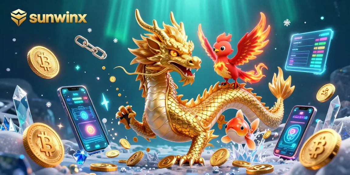Experience thrilling gameplay at sunwinx with a dynamic casino scene of mythical creatures and crypto coins.