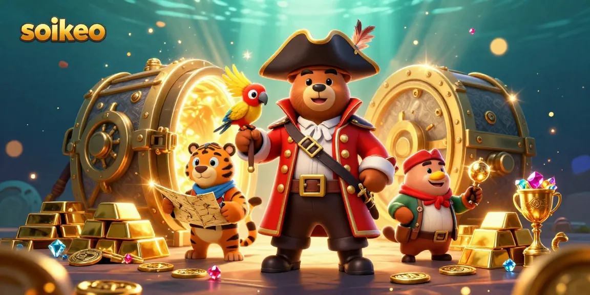 Engage with the thrilling soikeo betting scene featuring a pirate captain bear and his companions amidst treasure.