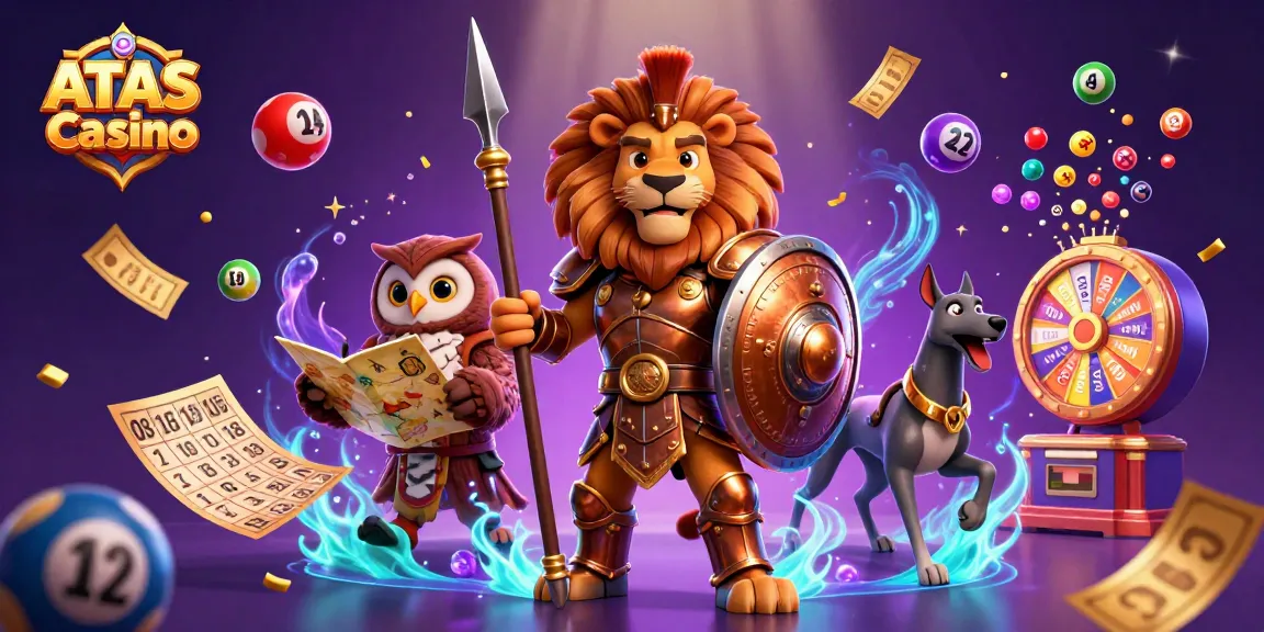 Experience the excitement of ATAS Casino with dynamic lottery elements and engaging characters.