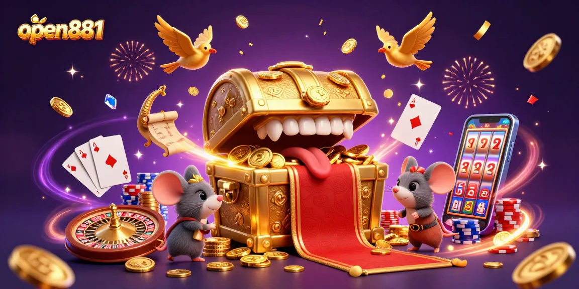 Engage with exciting gambling adventures at open881 with a treasure chest luring players in a vibrant casino scene.
