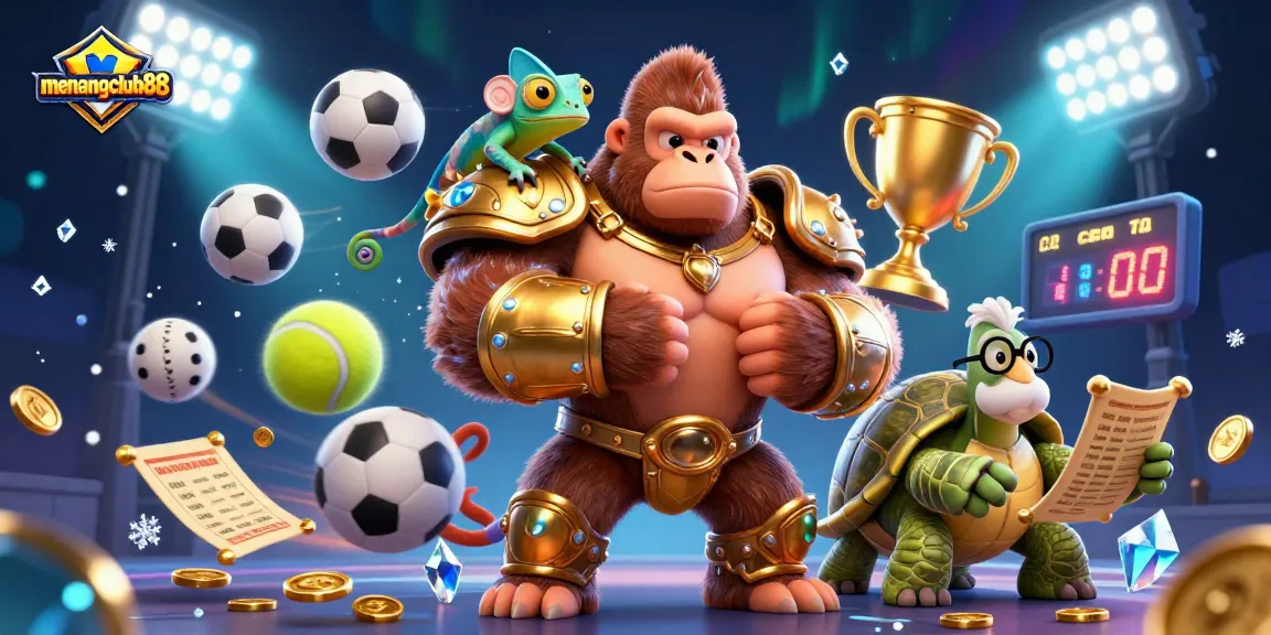 Experience thrilling gaming at menangclub88 with the gorilla king and his companions surrounded by sports elements.