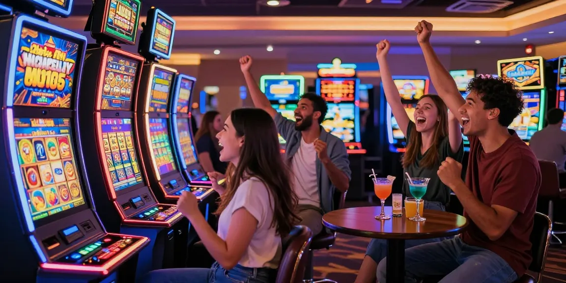 Teman-teman bersenang-senang di area mesin slot vegas123 dengan suasana ceria dan lampu berwarna-warni.