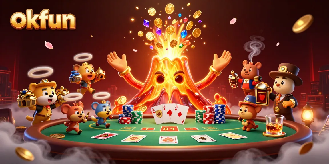 okfun players celebrating a jackpot win with golden lava and treasure in a lively casino scene