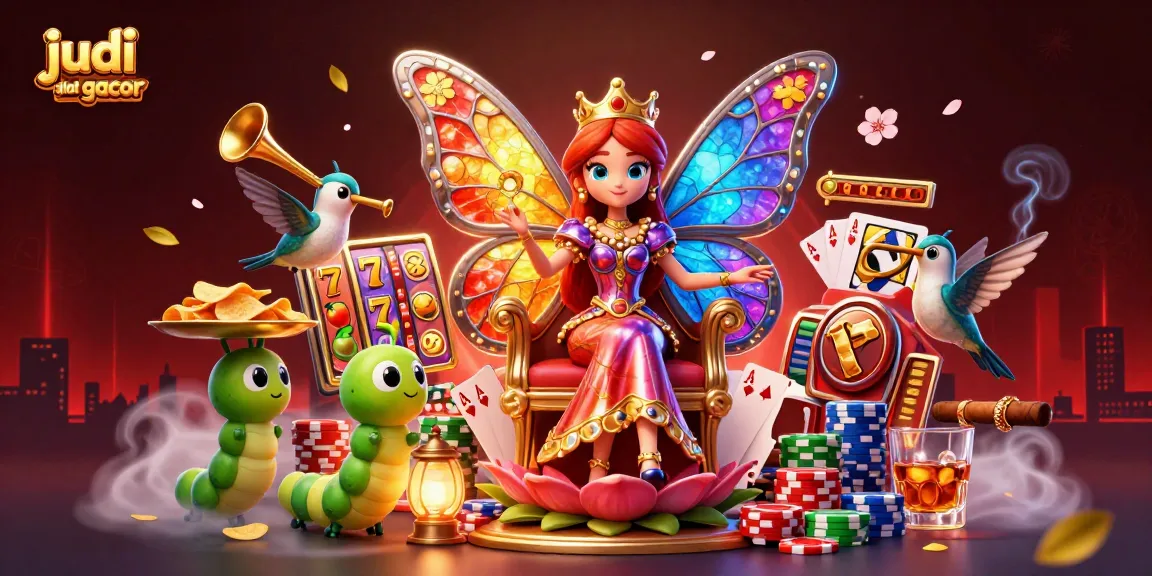 Menangkan judi slot gacor dengan ilustrasi ratu kupu-kupu dan elemen kasino berwarna-warni