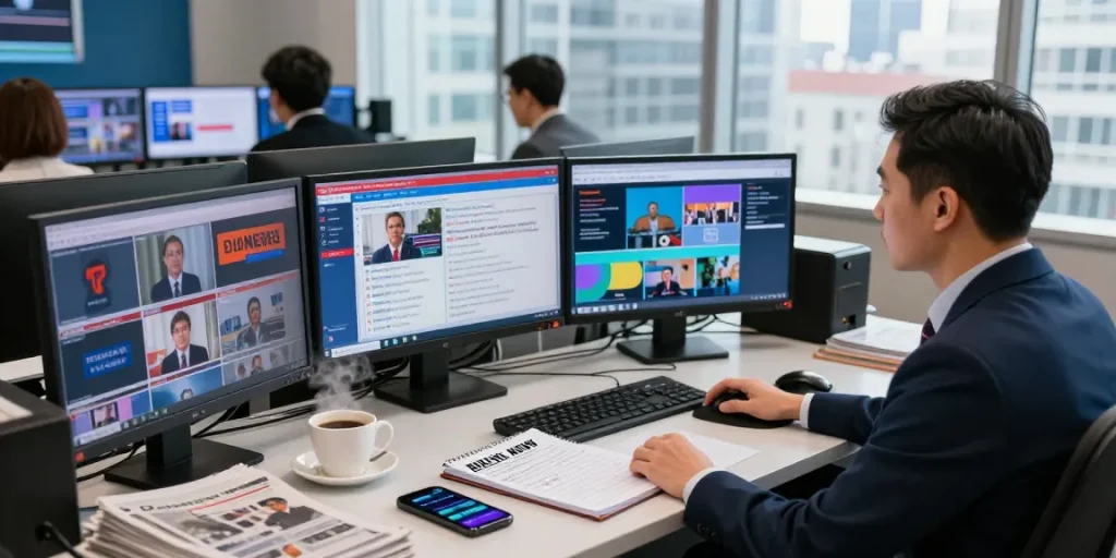 News journalist at desk with multiple screens displaying updates, showcasing https://www.theindaily.com's latest reports.