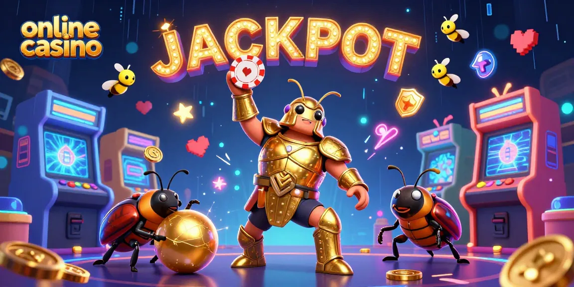 Engage in an online casino adventure with a heroic beetle lifting a poker chip in triumph.
