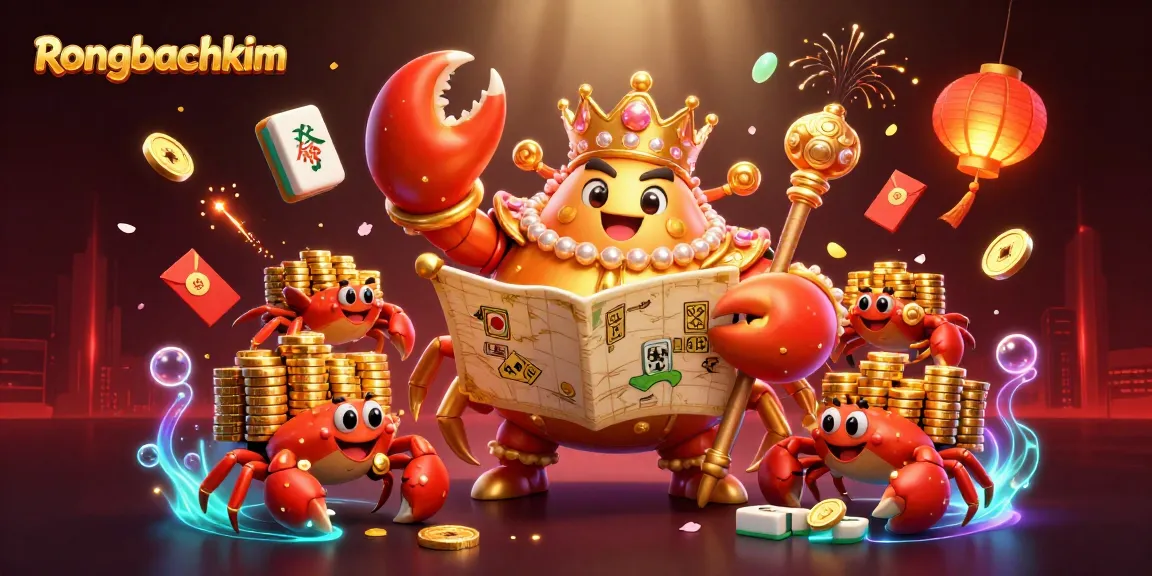 Engage with the vibrant Rongbachkim scene, showcasing a golden crab emperor amidst floating mahjong tiles and treasure elements.