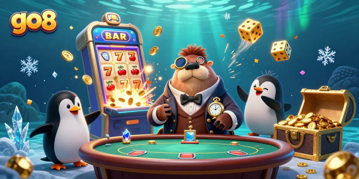 Join the fun at go8 with a vibrant poker scene featuring a walrus, penguin dealer, and bubbling jackpot.