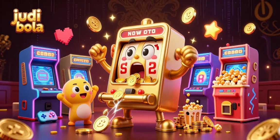 Cheerful slot machines celebrating a jackpot win in a vibrant judi bola casino scene.