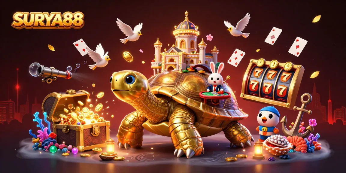 SURYA88 promotes extravagant gaming with a golden tortoise casino, playful dealers, and dynamic treasures.