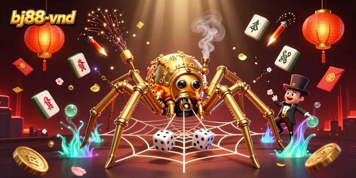 Experience the excitement of bj88-vnd with a vibrant 3D illustration of a steampunk spider and fly in a casino-themed web.