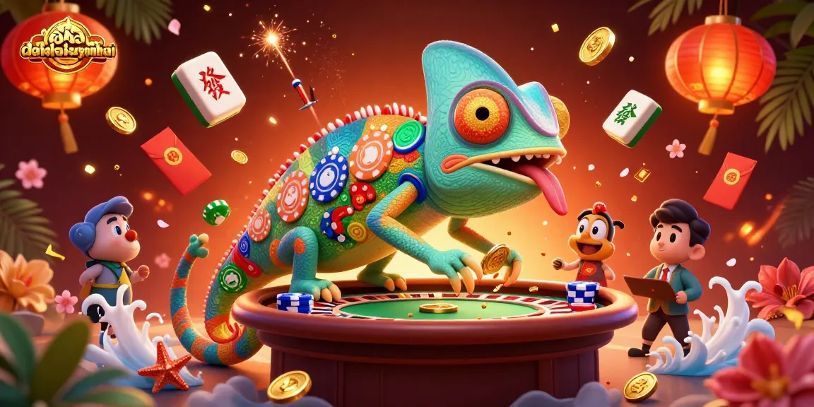 Engage with thrilling wins at daotaolaixeyenbai as the chameleon casino owner captures golden coins amidst festive casino elements.